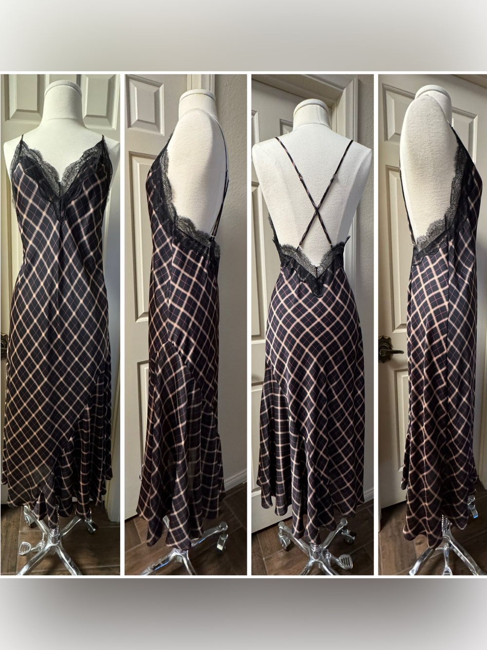 Victoria's Secret Black & Tan Plaid Eyelash Lace-Trim Bias Cut Slip Maxi Dress